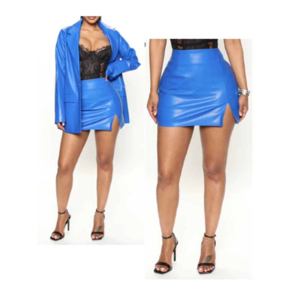 Royal Blue Charlotte Leather Mini Skirt with Slit (Size: X-Large)